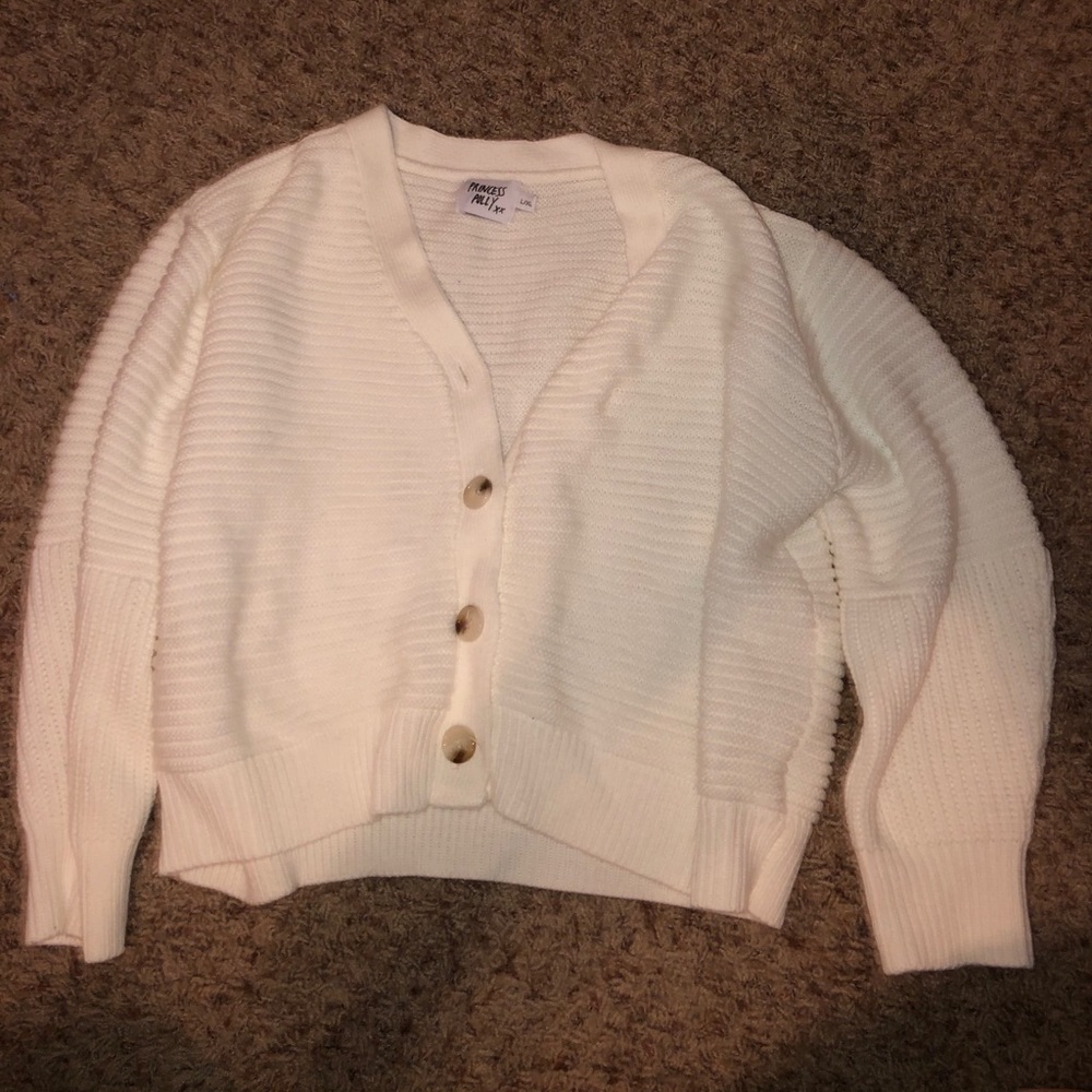 off the shoulder white button up sweater